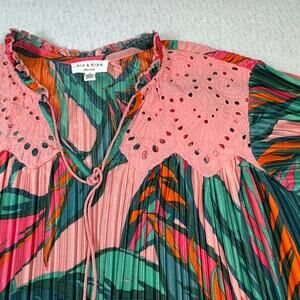 Rio & Rian New York 2X Colorful Tropical Leaf Print Pink Eyelet Trim Bohemian